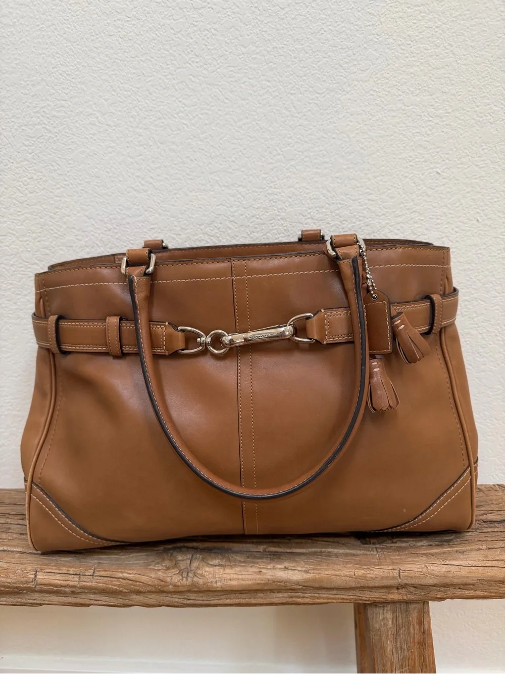 Coach Leather Saddle Brown Tote with Silver Hardware